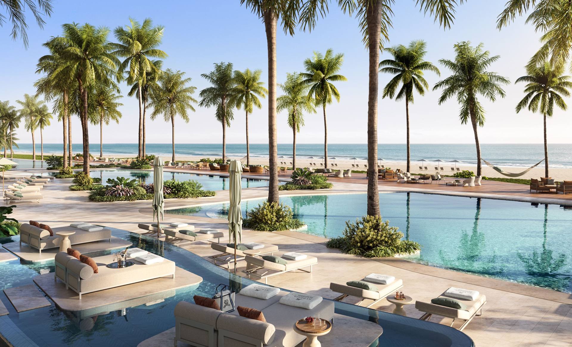 Oceanfront east pool deck — The St. Regis Residences, Sunny Isles Beach (artist rendering)