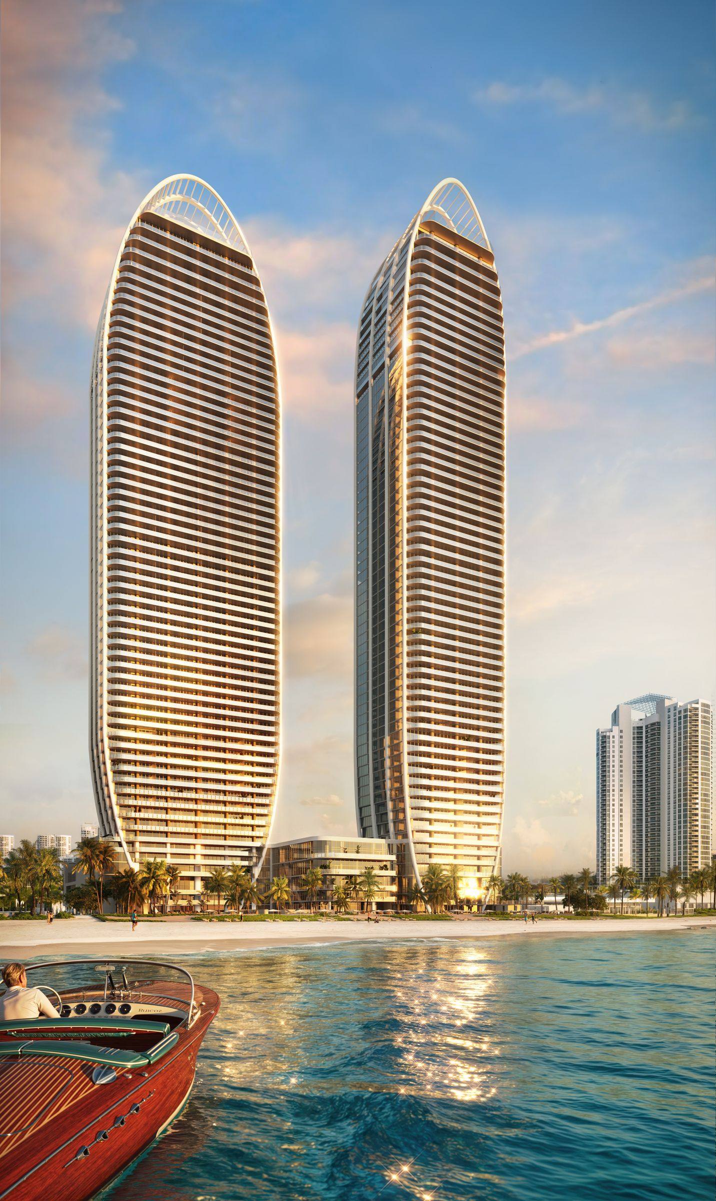 The towers at night — The St. Regis Residences, Sunny Isles Beach (artist rendering)