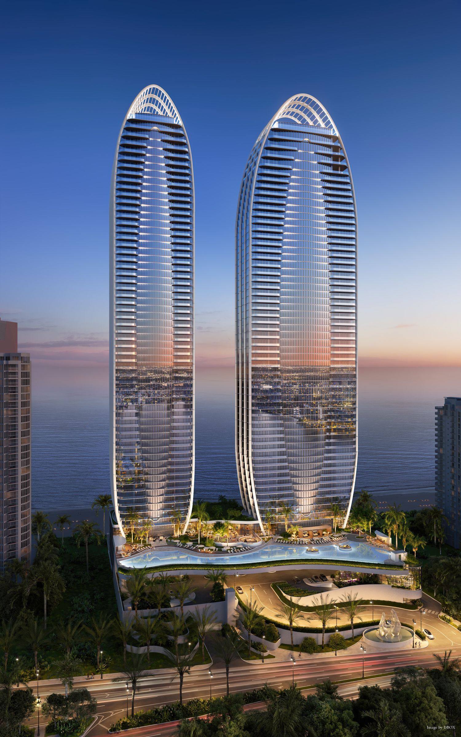West elevation at dusk — The St. Regis Residences, Sunny Isles Beach (artist rendering)